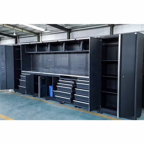 Lieferant für große kombinierte Werkzeugschränke aus schwarzem Metall der Goldenline Garage-Serie